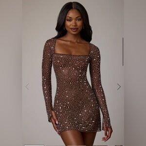 Oh Polly Sheer Embellished Long Sleeve A-Line Mini Dress in Deep Cocoa